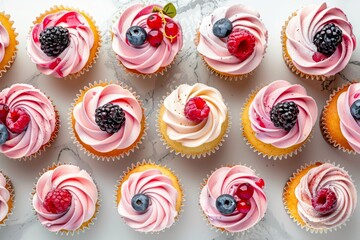 Wall Mural - Assortment of cupcakes topped with fresh berries and colorful icing on a white marble countertop