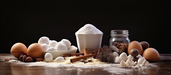 Aufkleber - Cupcake ingredients include sugar eggs butter baking powder flour cinnamon walnuts and molds. Creative banner. Copyspace image
