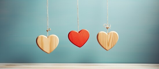 Poster - There is a copy space image featuring three wooden hearts suspended on a delicate rope