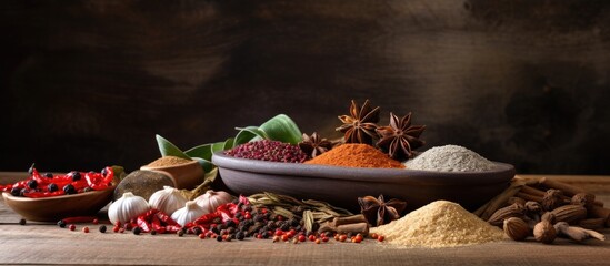 Poster - A variety of spices accompanied by a mortar is placed on a wooden table in the kitchen The image provides ample space for text