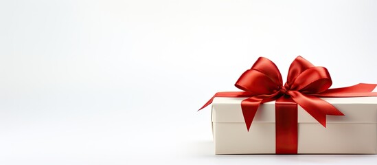 Aufkleber - A white background hosts an elegant gift box adorned with a vibrant red ribbon creating a stunning copy space image