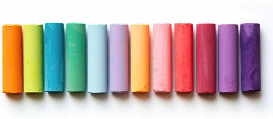 Poster - A vibrant assortment of multicolored chalk for drawing is placed on a white background creating a perfect copy space image