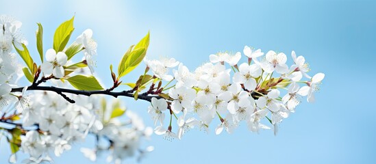 Poster - Copy space image of a flowering bird cherry tree branch against a serene blue sky in a beautiful spring landscape