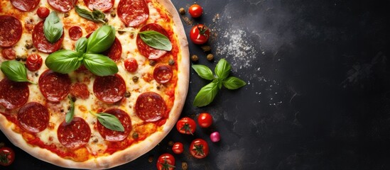 Poster - A top down view of a pepperoni pizza with a close up of fresh basil on a light concrete or stone table suitable as a copy space image