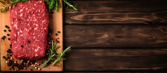 Wall Mural - A copy space image of raw minced beef meat with herbs on a wooden background seen from a top down perspective