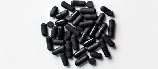 Aufkleber - A copy space image featuring capsules of activated carbon known as charcoal on a white background