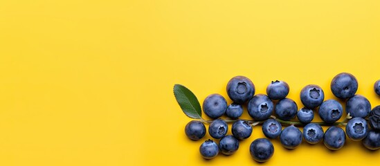 Poster - Flat lay of ripe blueberries on a vibrant yellow backdrop with copy space image
