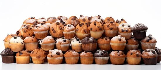 Poster - A pile of muffins arranged separately on a white background leaving empty space for other images to be added if needed. Creative banner. Copyspace image