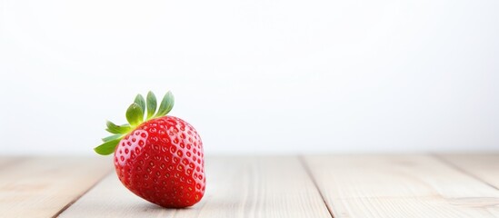 Poster - A close up copy space image of a strawberry placed on a white wooden background