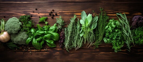 Poster - A top down view of fresh garden herbs arranged on a wooden table with ample space for additional content in the image