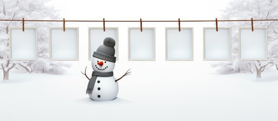Aufkleber - A snowman and empty picture frames hang on a clothesline creating a peaceful scene against a white backdrop Perfect for copy space image