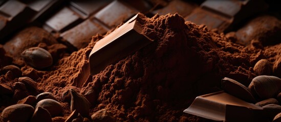 Wall Mural - A closeup image of cocoa powder and dark chocolate is displayed providing an intriguing combination of flavors and textures. Creative banner. Copyspace image