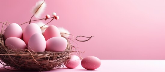 Poster - A pink background with Easter eggs arranged in a wicker basket and a blank paper for the greeting Easter card providing copy space image