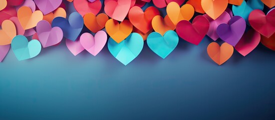 Poster - Colorful paper hearts add a touch of beauty to the background creating an enchanting St Valentine s Day copy space image