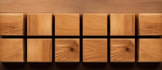 Poster - Top view layout of an isolated wooden box concept with eight wooden blocks inside creating a mock up image with copy space