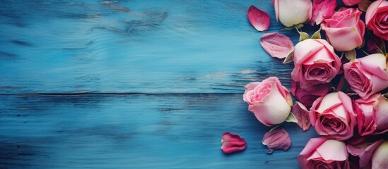 Poster - A copy space image featuring rose flowers and petals arranged on a blue wooden table background with beauty products