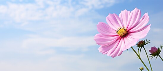 Poster - A stunning pink cosmos flower shines against a background of white sky with ample copy space for text or images
