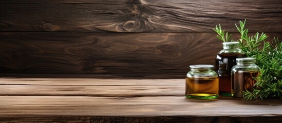 Aufkleber - A spa composition featuring the aromatic essence of tea tree oil set against a rustic wooden backdrop The image provides ample copy space
