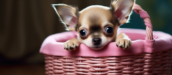 Poster - A Chihuahua with an adorable appearance happily occupying a basket of your choice Copy space image