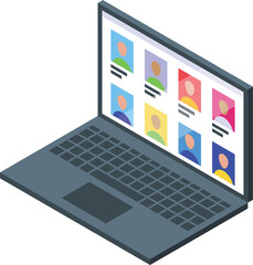 Poster - Isometric illustration of a laptop showing colorful user profile icons on its screen