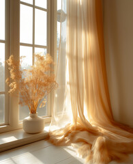 Canvas Print - Curtains and vase illuminated by soft light