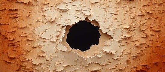 Poster - A round hole is visible in a colored cardboard with torn paper in the background serving as a textured copy space for advertising text