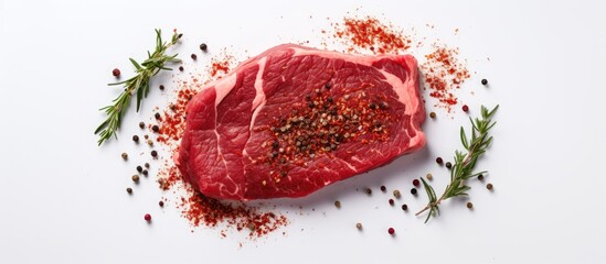 Aufkleber - Top view of a delicious raw beef steak covered in spices isolated on a white background Perfect for adding text or captions. Creative banner. Copyspace image