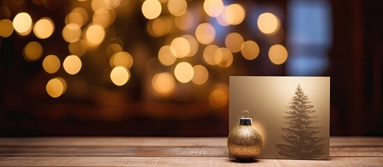 Aufkleber - A Christmas card sits beside an ornament on a wooden table with a blurred Christmas background It is a mock up for a copy space image