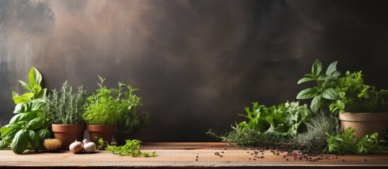 Poster - A kitchen cutting board with a variety of plants nearby giving a fresh and natural touch to the culinary space copy space image