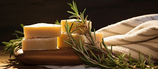 Poster - Artisanal natural hygiene products containing rosemary extract showcasing the essence of handmade soaps Copy space image