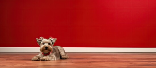 Poster - A dog peacefully rests on a vibrant red wooden floor with plenty of copy space in the image