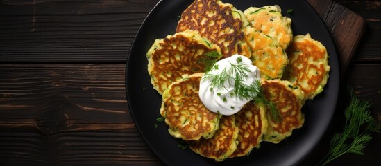 Poster - A top view copy space image of potato and zucchini pancakes accompanied by sour cream placed on a dark table