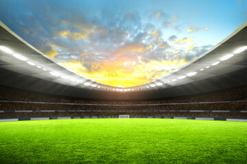 Wall Mural - Empty nobody soccer stadium field with blue sky, soccer background