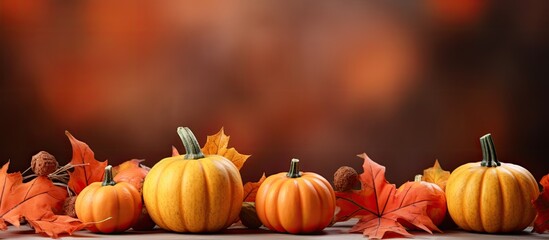 Poster - Autumnal leaves create a backdrop for pumpkins in the copy space image