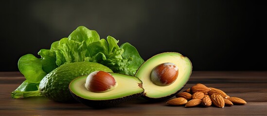 Aufkleber - Avocado and cashew accompanied by a wholesome green salad with ample empty area for an image