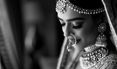 Wall Mural - Close-up portrait of an Indian bride in traditional jewelry. Concept of bridal beauty, cultural heritage