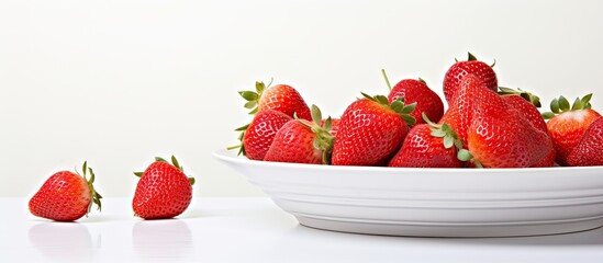 Poster - A white plate showcases vibrant red strawberries on a backdrop of white with ample copy space for customization