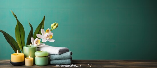 Poster - Colorful background enhances the composition of the spa treatment on the table creating a captivating copy space image
