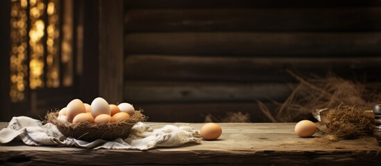 Poster - A rustic setting with a wooden table displaying farm fresh eggs providing an inviting and natural ambiance for a copy space image