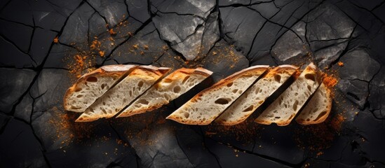 Poster - Flat lay of a fragmented French bread loaf placed on a dark metal background with ample copy space image