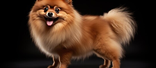 Poster - A red pomeranian spitz is standing in a black studio with its gaze directed towards the side creating a copy space image