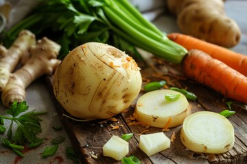 Wall Mural - Celery root potato and carrot for soup prep