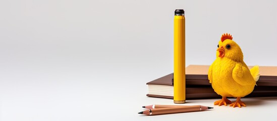 Aufkleber - on a white background there is a copy space image featuring a notebook a yellow pencil and a toy woo