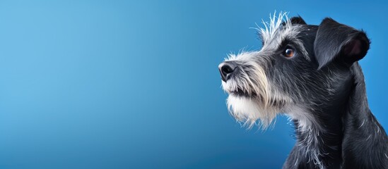 Poster - A dog portrait on a plain blue backdrop providing ample copy space for other elements in the image