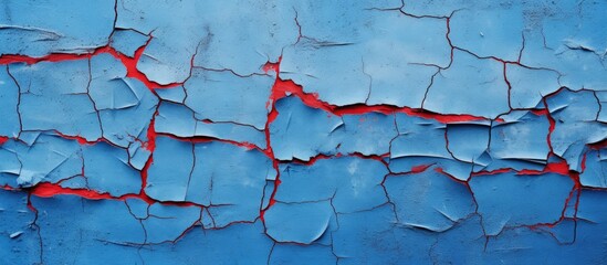 Aufkleber - Close up of a wall with a blue paint texture and prominent red cracks providing a visually appealing copy space image