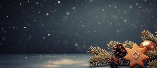 Poster - A festive Christmas background featuring a gingerbread decorated branch of a fir tree leaving ample copy space in the image