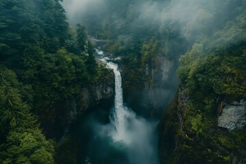 Serene image capturing the lush greenery around a magnificent waterfall from above