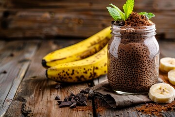 Poster - Chia pudding and chocolate banana smoothie in a jar on old wood