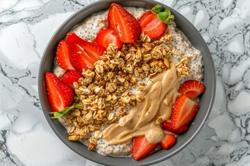 Poster - Chia pudding with coconut granola peanut butter strawberries in bowl Vegan detox summer recipe