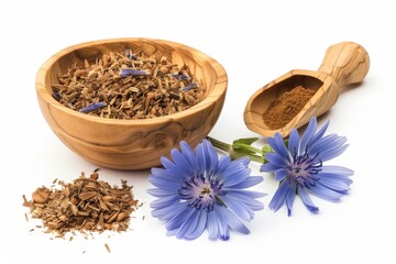 Sticker - Chicory flower and crushed root in bowl a coffee alternative